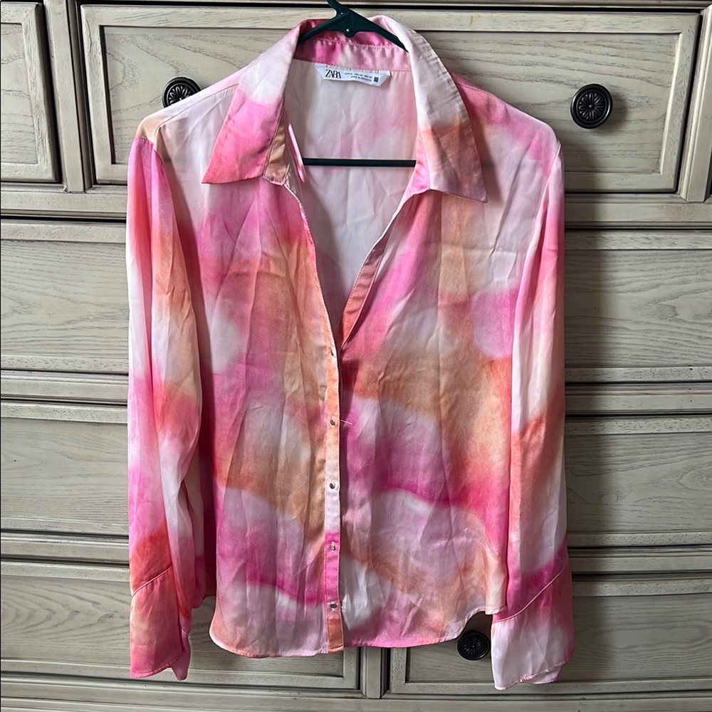 Zara Pink and Orange Long Sleeve Button Down Shirt Sz XL